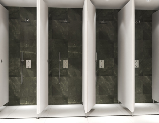 Traditional shower cubicle stalls with nearby dressing area