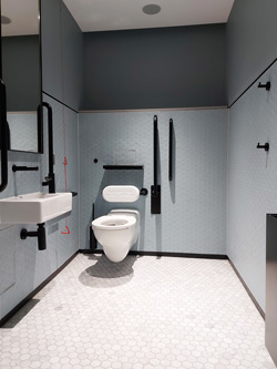 Matte black washroom fittings on an accessible washroom