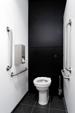 Black, white, and brushed satin stainless steel LRV colour scheme ambulant cubicle